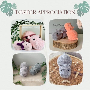 Op de afbeelding: Een collage van gehaakte nijlpaardknuffels in verschillende kleuren, waaronder roze, grijs en perzik. Sommige nijlpaarden hebben accessoires zoals sjaals. De tekst "TESTER APPRECIATION" staat bovenaan.