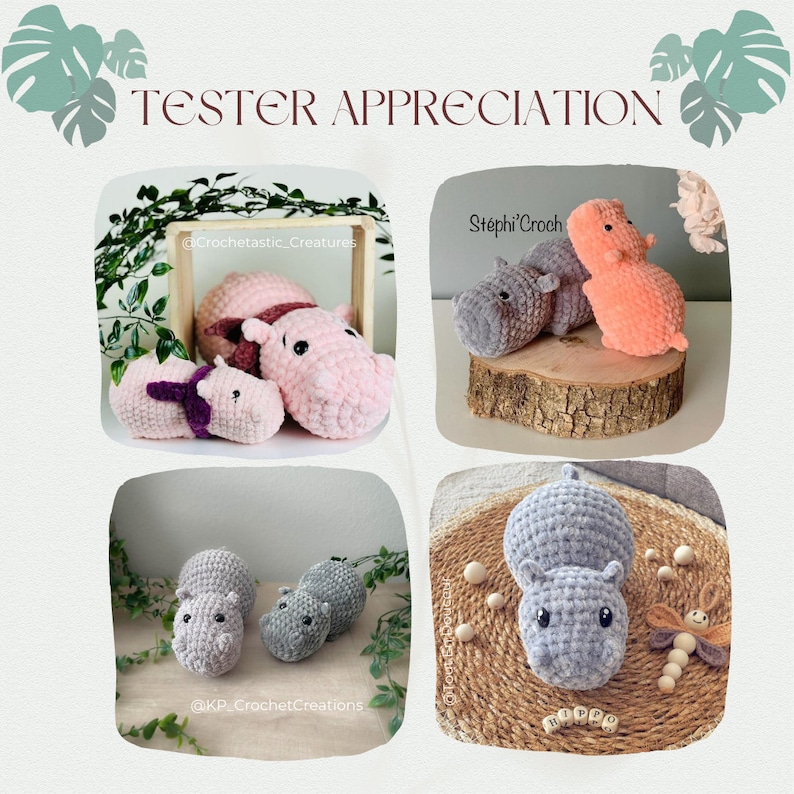 Op de afbeelding: Een collage van gehaakte nijlpaardknuffels in verschillende kleuren, waaronder roze, grijs en perzik. Sommige nijlpaarden hebben accessoires zoals sjaals. De tekst "TESTER APPRECIATION" staat bovenaan.