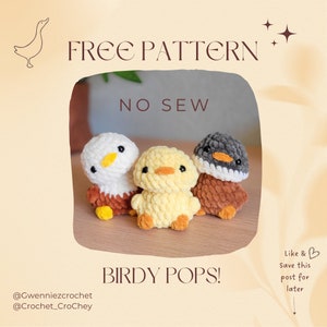 Birdy Pops free NO-SEW crochet amigurumi PDF Pattern, Small bird/duck with a Poppable Head and booty (optional)