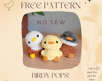 Birdy Pops free NO-SEW crochet amigurumi PDF Pattern, Small bird/duck with a Poppable Head and booty (optional)