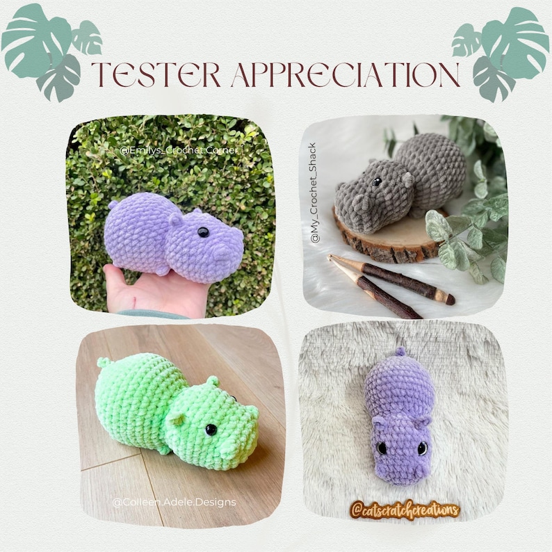 Op de afbeelding: Een collage van vier gehaakte nijlpaardknuffels in verschillende kleuren: lavendel, grijs, groen en paars. De tekst "TESTER APPRECIATION" staat bovenaan. Elke knuffel heeft kleine zwarte ogen en wordt in verschillende omgevingen getoond.