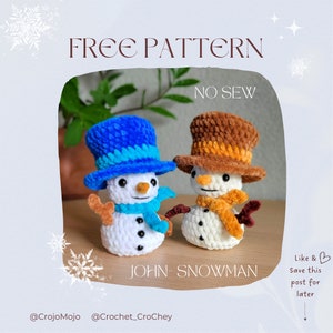 Patrón PDF amigurumi de crochet NO-SEW de John Snow-man, muñeco de nieve con sombrero desplegable y botín (opcional)