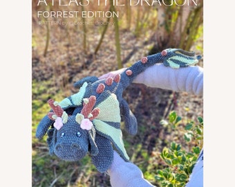 Atlas the Forrest Dragon, PDF crochet amigurumi dragon Pattern, big friendly giant cuddly plushies with antlers, spikes, wings and flowers.