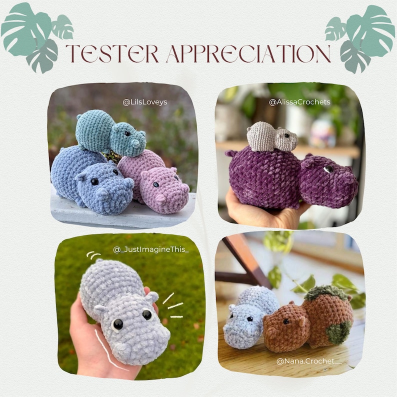 Op de afbeelding: Een collage van gehaakte nijlpaardspeeltjes in verschillende kleuren, waaronder blauw, paars en bruin. De tekst "TESTER APPRECIATION" staat bovenaan. Elk nijlpaard is handgemaakt en heeft kleine, ronde ogen. De afbeelding toont verschillende haakartiesten.