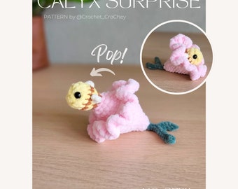 Calyx surprise POPs pdf crochet pattern, quick and easy no-sew amigurumi, poppable fidget bee inside a flower.