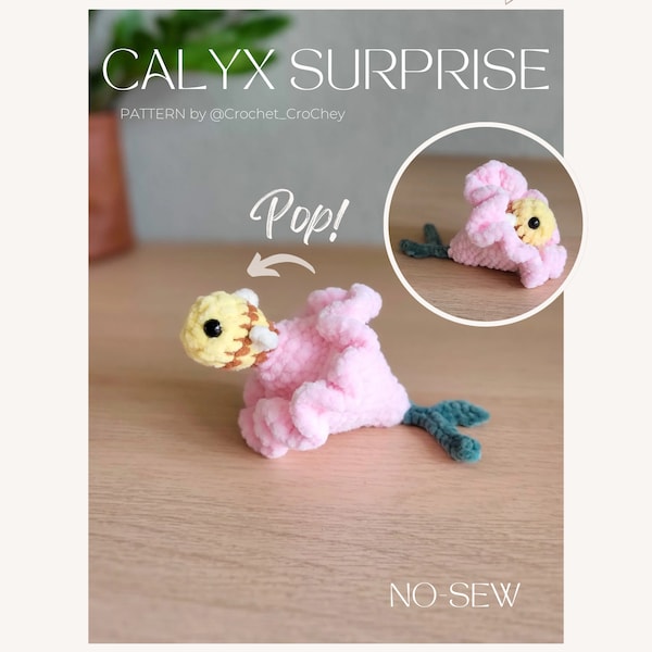 Calyx Surprise POPs PDF-Häkelanleitung, schnelles und einfaches Amigurumi ohne Nähen, knallbare Fidget-Biene in einer Blume.