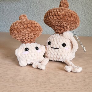 Op de afbeelding: Twee gehaakte paddenstoel knuffels met bruine viltmutsen en witte lichamen. De knuffels hebben geborduurde ogen en glimlachen. De knuffels zitten op een houten oppervlak.