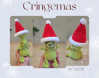 Cringemas the awkward christmas monster, NO-SEW crochet amigurumi PDF Pattern, inc. poppable santa hat and booty (optional)