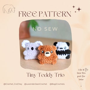 Tiny Teddy Trio free  NO-SEW crochet amigurumi PDF Pattern, Small panda, koala and grizzly bear, pocket/keychain size.