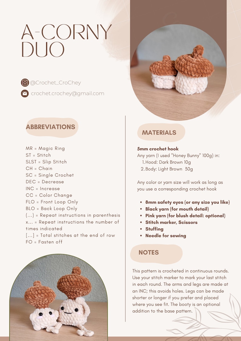 Op de afbeelding: Een haakpatroon voor het maken van twee amigurumi ma&iuml;s kolven. Het patroon bevat instructies voor het maken van de ma&iuml;s kolven in bruin en wit garen, met optionele details zoals ogen en een mond. Het patroon bevat ook een lijst met benodigde materialen, zoals garen, haaknaald, veiligheidso ogen en vulling.