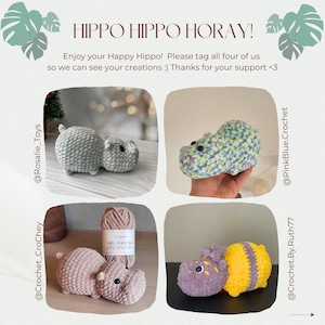 Op de afbeelding: Afbeelding met vier gehaakte nijlpaard speelgoed in verschillende kleuren, waaronder grijs, blauw, roze en paars met gele strepen. De tekst "HIPPO HIPPO HORAY!" staat bovenaan, met een uitnodiging om creaties te delen.