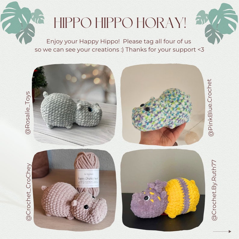 Op de afbeelding: Afbeelding met vier gehaakte nijlpaard speelgoed in verschillende kleuren, waaronder grijs, blauw, roze en paars met gele strepen. De tekst "HIPPO HIPPO HORAY!" staat bovenaan, met een uitnodiging om creaties te delen.