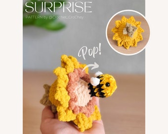 Sunflower surprise POPs pdf crochet pattern, quick and easy no-sew amigurumi, poppable fidget bee inside a sunflower.