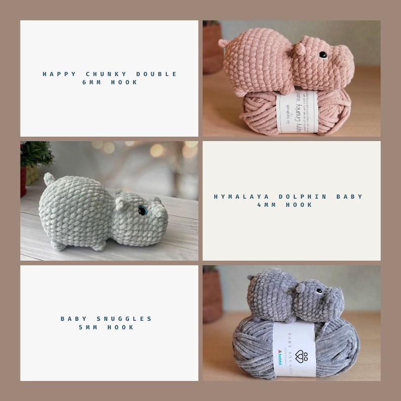 Op de afbeelding: Gehaakte nijlpaard speelgoed in roze en grijs, afgebeeld met bollen garen. De afbeelding bevat tekst: "HAPPY CHUNKY DOUBLE 6 MM HOOK", "HYMALAYA DOLPHIN BABY 4 MM HOOK" en "BABY SNUGGLES 5 MM HOOK".