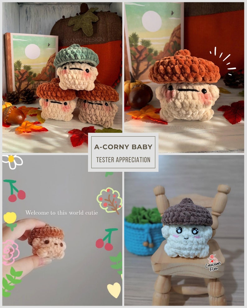 Op de afbeelding: A-Corny Baby Tester Appreciation. Drie gehaakte eikel knuffels met lachende gezichten. De knuffels zijn in verschillende kleuren, waaronder bruin, beige en groen. De knuffels zitten op een wit oppervlak met herfstbladeren en een boek.