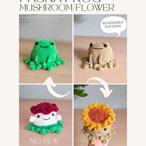 Fauna the Frog Mushroom & Sunflower. Reversible NO-SOW PDF Pattern, including 2 options, cute interactive fidget toy, pop inside out image 1