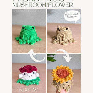 Puede incluir: Cuatro juguetes de peluche de crochet: una rana verde, una rana marrón, un hongo rojo y un girasol amarillo. Las ranas son reversibles y el hongo y el girasol son sin costuras. El texto "REVERSIBLE PATTERN!" y "NO SEW" está incluido en la imagen.