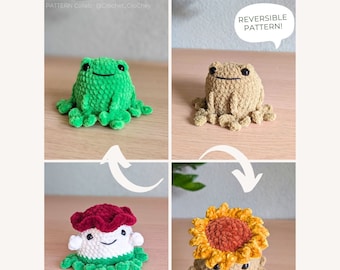 Fauna the Frog Mushroom & Sunflower. Reversible NO-SOW PDF Pattern, including 2 options, cute interactive fidget toy, pop inside out!