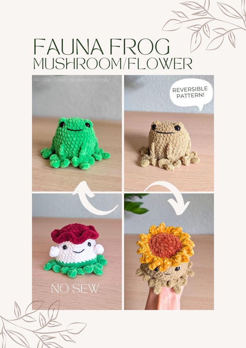 Fauna the Frog Mushroom & Sunflower. Reversible NO-SOW PDF Pattern, including 2 options, cute interactive fidget toy, pop inside out image 1