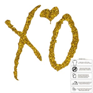 May include: Gold glitter "XO" design on a white background. The design includes a heart shape. Instructions for home ironing are included on the right side of the image.