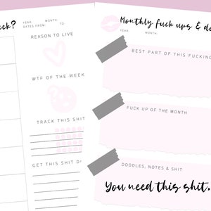 Weekly WTF Printable Planner with Monthly pages UNDATED pink aesthetic sarcastic funny sassy swearing minimalist
