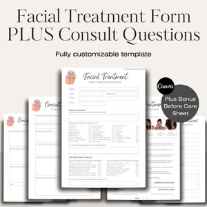 Facial Treatment Form - Editable Esthetician Template, Printable Skincare Consent Form, Advanced Facial Form, Facial Consultation Questions