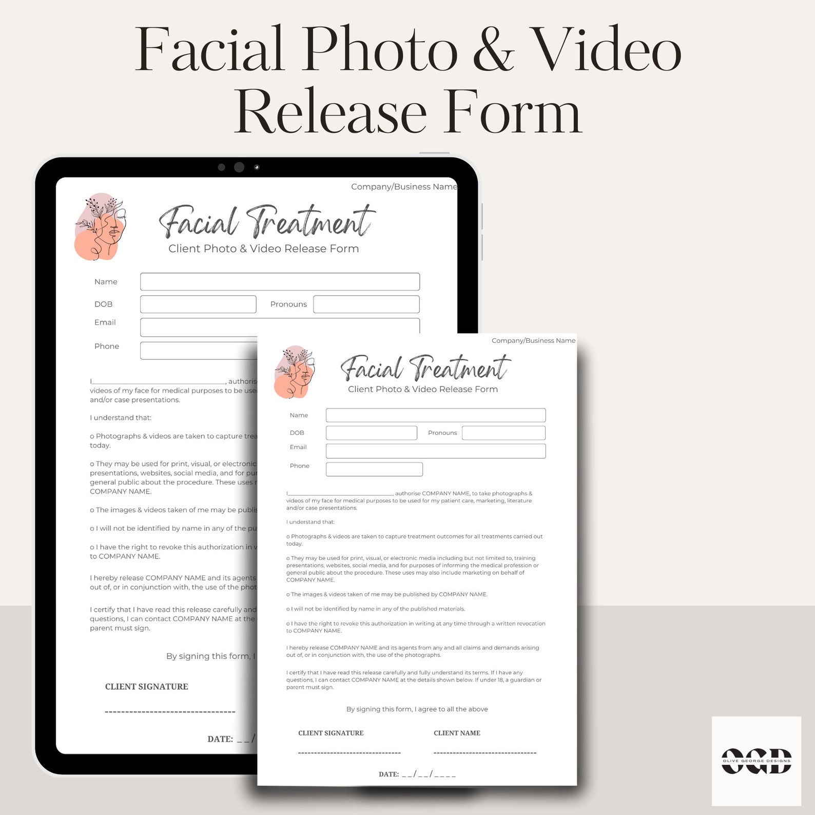 Form Photo Facial Photo & Video Release Form - Editable Esthetician Templates ...