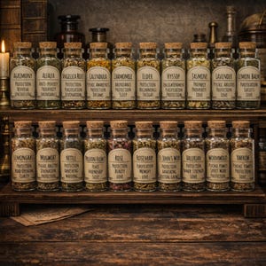 May include: A collection of glass bottles with cork stoppers, each labeled with a different herb name. The bottles are arranged on a wooden shelf, with a candle in the background. The labels include names like "Lavender" and "Rosemary".