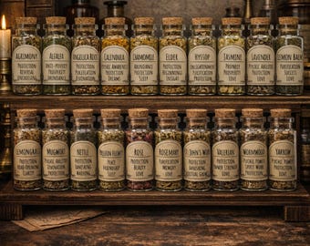 May include: A collection of glass bottles with cork stoppers, each labeled with a different herb name. The bottles are arranged on a wooden shelf, with a candle in the background. The labels include names like "Lavender" and "Rosemary".