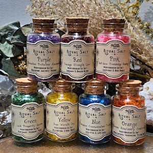 Ritual Salt Set of 7 Jars Witch Salt Red Orange Yellow Green Blue Pink and Purple Spellwork Altar Set Witchcraft Salts