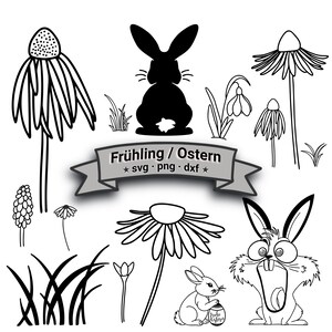 Fichier de découpe en lot printemps/Pâques, fichier plotter fleurs, fleurs sauvages, herbes, lapins de Pâques au format SVG, DXF, PNG pour Cricut, Silhouette...
