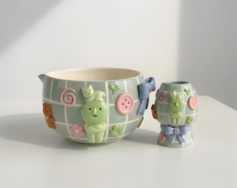 Handmade Blue Ribbon Matcha Set - Personalized Spouted Ceramic Chawan & Whisk Holder - Aesthetic Coquette Tea Kit - Unique Birthday Gift Her