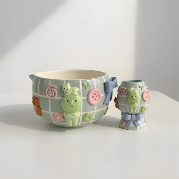 Handmade Blue Ribbon Matcha Set - Personalized Spouted Ceramic Chawan & Whisk Holder - Aesthetic Coquette Tea Kit - Unique Birthday Gift Her