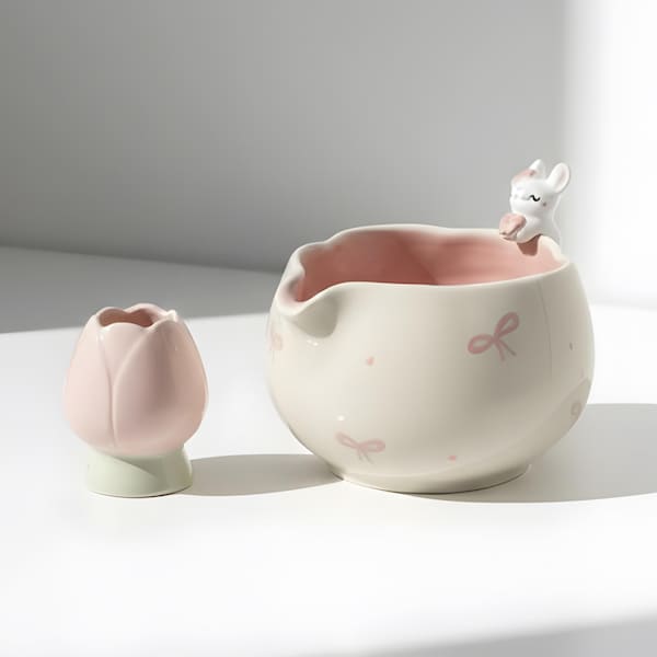 Handmade Miffy Bunny Matcha Set | Spouted Chawan, Whisk Holder, Tulip Design
