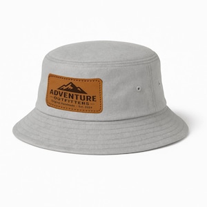 Adventure Bucket Hat with Leather Patch, Outdoor Hiking Sun Hat, Unisex Wide Brim Fisherman Hat, Custom Embroidered Hat for Men & Women