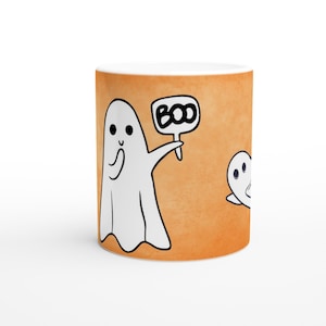 Personalised Orange Halloween White 11oz Ceramic Mug, Cute Ghosts and Spiders