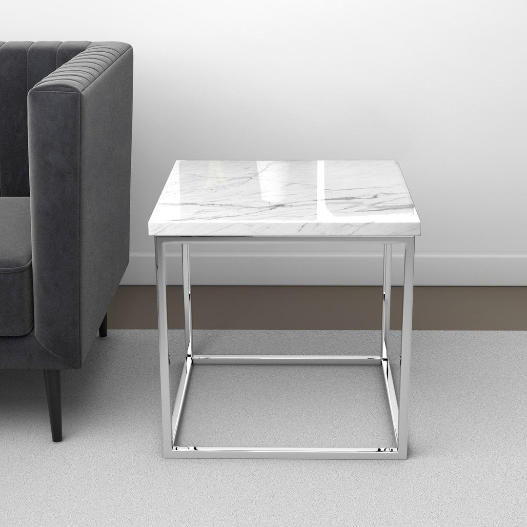 Square White Marble Effect Top Side Table With Chrome Legs - Etsy