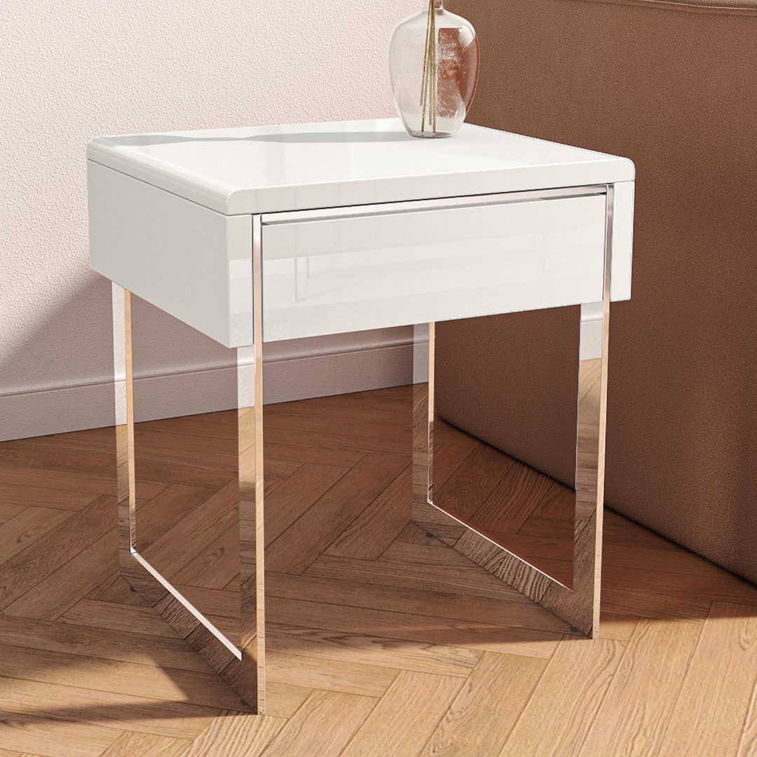 White Gloss Side Table With Drawer Etsy