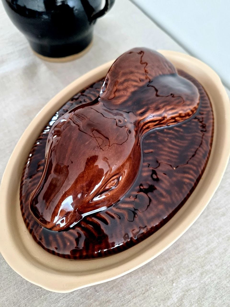 Emile Henry Terrine, France Baking Dish, Lid With Rabbit, Ceramic