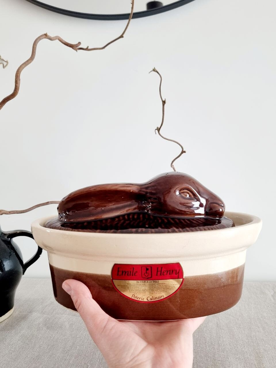 Emile Henry Terrine, France Baking Dish, Lid With Rabbit, Ceramic