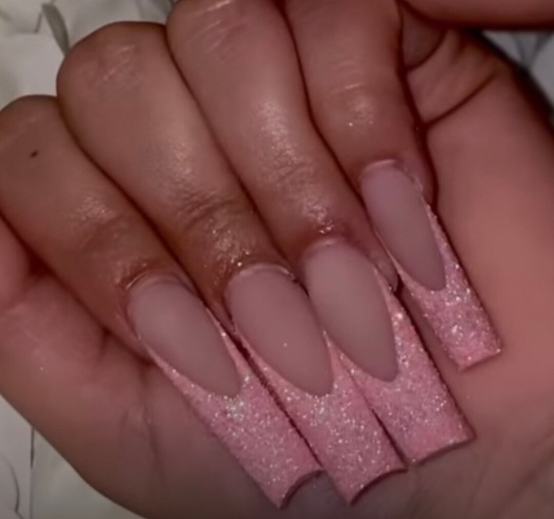 Pink Glitter French Tip Press on Nails. Length Shortxxl. Etsy