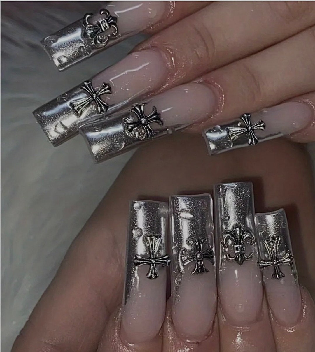Chrome Cross French Tip Press on Nails. Length Shortxxl. Stick on