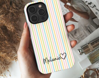 Personalized Pastel Striped Phone Case, Custom Name, Cute Monogram Gift, Preppy Aesthetic Phone Cover, Summer Colorful Case