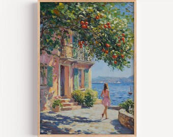 Woman Walking Past A Coastal Villa Print, Mediterranean Decor, Nostalgic Wall Art | (digital Download)