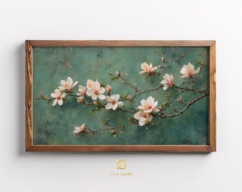 Moody Magnolia Blossom Branches Frame TV Art, Vintage Botanical Elegant Painting | (Digital Download)