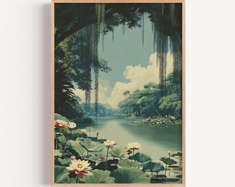 Tropical Lotus Pond Print, Jungle Botanical Wall Art, Serene Green Nature Decor | (Digital Download)
