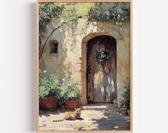 Resting Cat beside Weathered Doorway Print, Rustic Courtyard Potted Plants Wall Art | (digital Download)