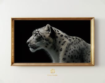 Minimalist Snow Leopard Left-Facing Profile Frame TV Art, Luxury Neutral Decor | (Digital Download)