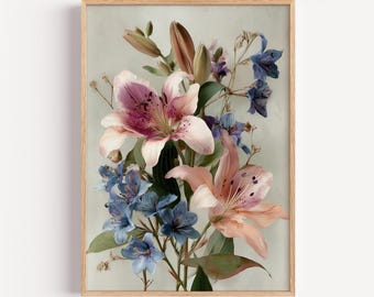 Harmonious Collection Of Lilies And Bluebells Print, Botanical Illustration Wall Art | (digital Download)