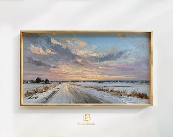 Impressionist Winter Road Frame TV Art, Snowy Sunrise Farmhouse Wall Decor | (Digital Download)